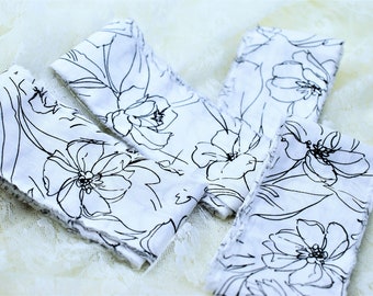 Handmade Hand Torn Cotton Fabric Strips 2"w, Black and White Flower Fabric, Line Drawn Flower, Journal, Scrapbooking, Snippet