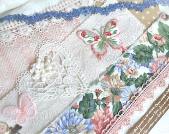 Purple Coral Bundle Assortment of Lace Trims Fabrics Appliques Journal Dangle, Journal Scrapbook Kit Embellishment