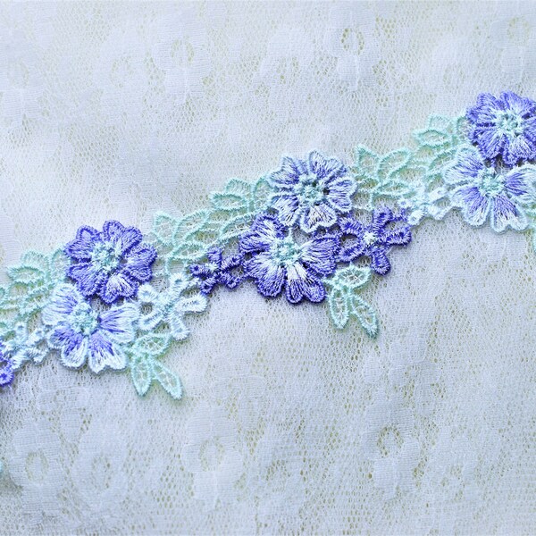 Purple Mint Green White Floral Applique Venice Venise Lace Trim, Scrapbooking Junk Journal Trim, Doll Trim, Flower Lace Trim,