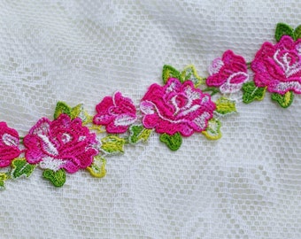 Venice Fuchsia Pink and Green Flower Embroidered Lace Trim, Shabby, Doll Lace Trim, Fairy Lace Trim, Fairy Scrapbooking Junk Journal Supply