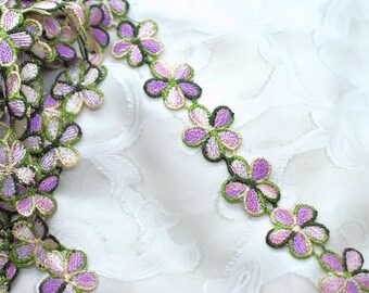 Small Floral Purple Green Flower Embroidered Lace Trim 1", Shabby Chic Lace, Doll Trim, Scrapbooking Junk Journal Lace Trim Supply