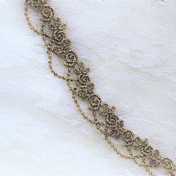 Dainty Vintage Inspired Gold Floral Rose Swag Lace Trim, Metallic Gold Floral Swag Lace,  Doll Trim, Scrapbook Lace