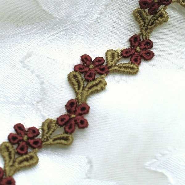 Dainty Mini Floral Maroon Red/Wine Embroidery Lace Trim, Shabby Chic, Lace, Doll Trim, Scrapbook Lace, By the Yard, Victorian Inspired,