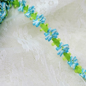 Sky Blue & Green Dainty Rococo Rose Picot Loop Flower Ribbon Lace Trim 1/2", Scrapbook Journal Trim, Slow Stitching, Doll Trim, Hair Bow