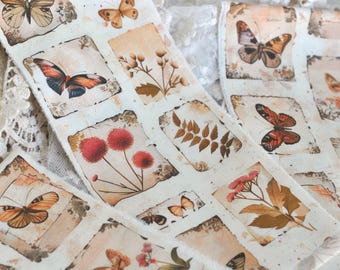 Hand Torn Autumn Floral Butterfly Botanical Collage Patchwork Cotton Fabric Strips 3 1/2"