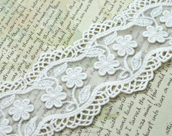 Cream Cotton Floral Flower 3D Embroidered Bilateral Wavy Lace Trim 3 1/4", Doll Trim, Scrapbooking Junk Journal  Slow Stitching Trim