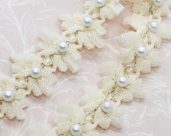Sweet Cream Pearl Beaded Bow Ribbon Lace Trim 1 1/8", Doll Scrapbooking Junk Journal Slow Stitching Supply, Decorative