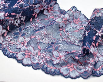 Wide Double Scallop Soft Mesh Stretch Floral Lace (6.5"), Multicolor Blues & Pink, Doll Lace. Mixed Media, Art Journal, Lingerie