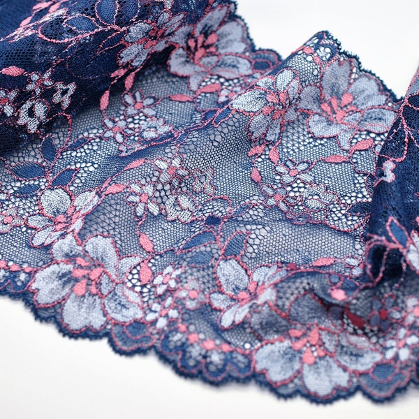 Wide Double Scallop Soft Mesh Stretch Floral Lace (6.5"), Multicolor Blues & Pink, Doll Lace. Mixed Media, Art Journal, Lingerie