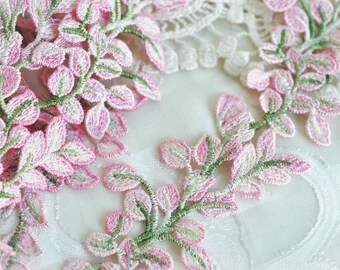 Pink Green Leaf Cluster Applique Decorative Lace Trim