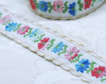 Blue, Coral & Green Flower Embroidered Flower Ribbon Lace Trim 7/8", Shabby Trim, Doll Trim, Scrapbooking Journal Trim, Victorian Ribbon