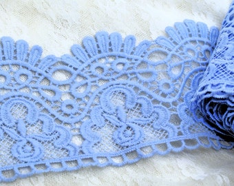 Blue Scallop Medallion Embroidered Water Soluble Hollow Scroll Lace Trim (4"), Junk Journal Slow Stitching Pocket