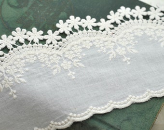 Ivory Cotton Floral Fabric Embroidered Hollow Flower Lace Trim 4", Scrapbooking Junk Journal Trim, Decorative