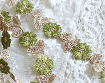 Olive Green Khaki Embroidered Floral Flower Applique Lace Trim