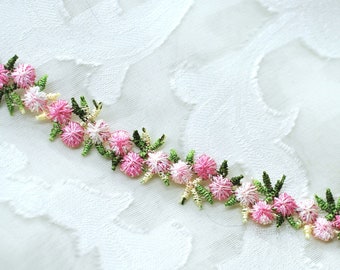 Dainty Pink Rose Flower Embroidered Lace Trim 1/2", Floral Embroidered Trim, Shabby Chic, Doll Trim