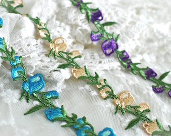 Heavily Embroidered Purple Yellow Turquoise Floral Flower Vine Rosebuds Lace Trim