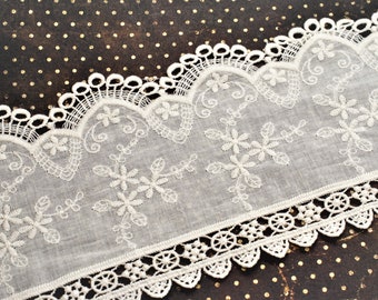 Ivory Cotton Floral Eyelet Fabric Embroidered Hollow Scalloped Edge Lace Trim 4 3/4", Scrapbooking Junk Journal Trim, Decorative