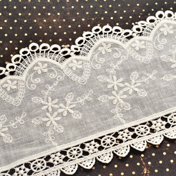 Ivory Cotton Floral Eyelet Fabric Embroidered Hollow Scalloped Edge Lace Trim 4 3/4", Scrapbooking Junk Journal Trim, Decorative