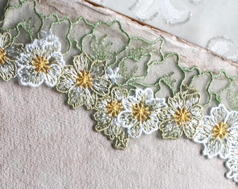 Green & Yellow Floral Flower Embroidered Mesh Double Swag Lace Trim