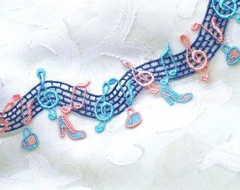 Whimsical Embroidered Music Notes with Shoes & Purse Lace Trim 1 3/4", Happy Notes Music Trim, Happy Mail Trim