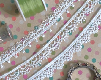 Bundle of 3 White Dainty Narrow Embroidered Hollow Dot Scalloped Trim (3 Yards)