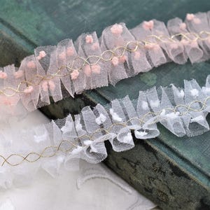 Coral or White Pleated Gold Center Stitched Net Ruffle Lace with Flocked Polka Dots, Doll Supply, Scrapbooking, Junk Journal, Slow Stitching