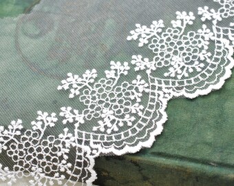 White Floral Flower Organza Scalloped Mesh Lace 5", Decorative Net Mesh Embroidery Lace, Delicate Mesh, Scrapbooking Junk Journal Supply