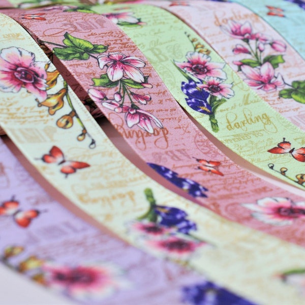 Printed Stamped Floral Butterfly 1"  Satin Ribbon Trim, 1, 2 or 3 Yds, or 1/2 yd of each x 6, Pink, Blue, Purple, Ivory, Green , Rose Ribbon