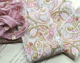 Hand Torn Cotton Fabric Strip 2", Small Paisley Floral Design, Journal Scrapbooking Slow Stitching Snippet Craft Ribbon