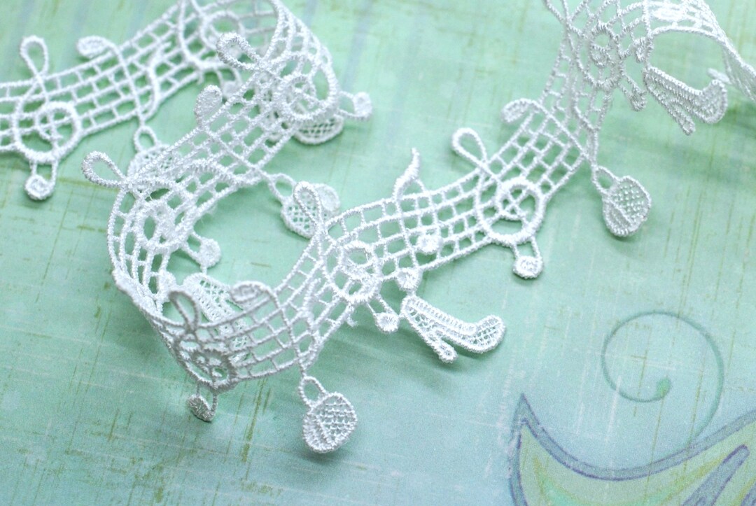 Whimsical Embroidered Music Notes With Shoes & Purse Lace Trim 1 3/4