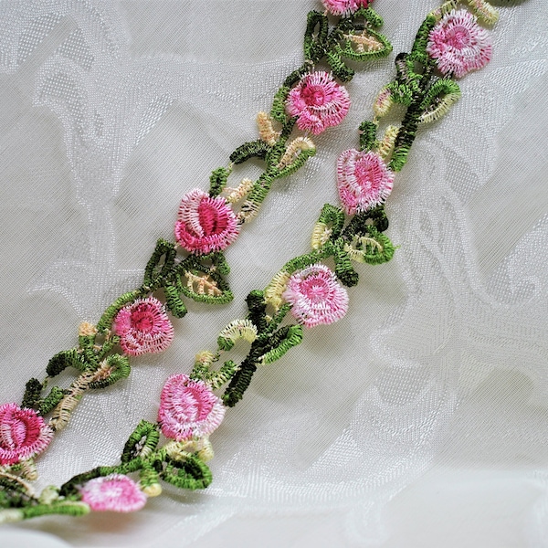 Dainty Floral Pink and Green Flower Embroidered Lace Trim, Shabby Chic Lace, Doll Trim, Scrapbooking Junk Journal Supply