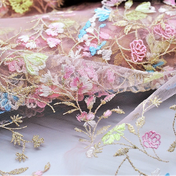 Metallic Floral Meadow Embroidered Wide Scallop Mauve Net Lace Trim 8 1/2", Doll Lace, Scrapbooking Journal Trim, Lingerie Lace, Soft Lace