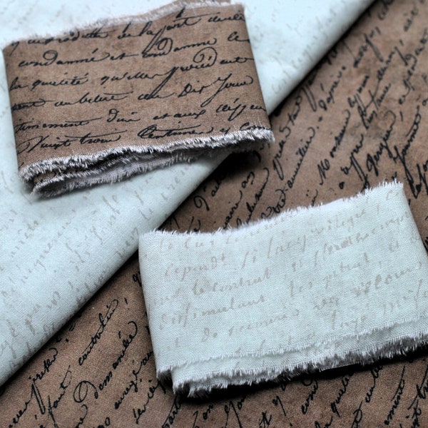 Handmade Hand Torn Cotton Fabric Strips in Brown or Mint Green, Handwriting Cursive Script, Journal, Scrapbooking, Fabric Supply