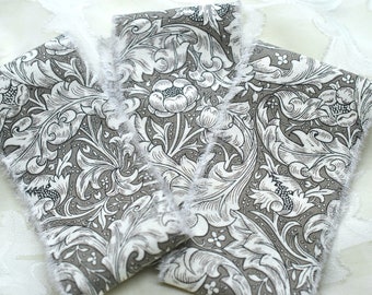 Handmade Hand Torn Cotton Fabric Strips 2", Gray Black n Cream Floral Scroll Leaf Floral, Journal  Slow Stitching Snippet Craft Ribbon