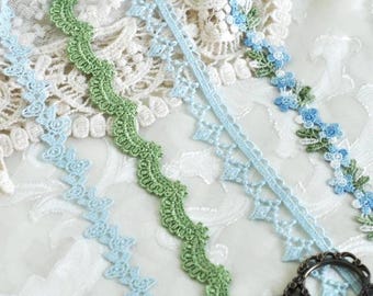 Blue & Green Bundle Assortment of Embroidered Floral Lace Trim Embellishments