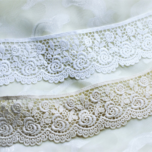 Cream or White Cotton Scallop Embroidered Rose Flower Lace Trim 1 3/4", Junk Journal, Scrapbooking Lace Trim, Shabby Chic Victorian Lace