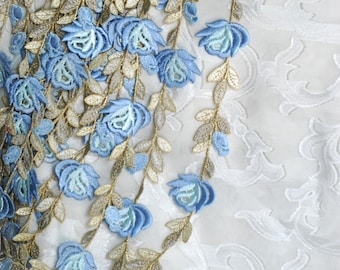 Blue Roses & Rosebuds Two Tone Blue with Metallic Leaves Embroidered Floral Lace Decorative Trim 1 1/2"