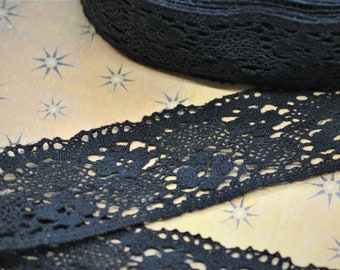 Black Crochet Hollow Floral Flower Lace (2 1/8"), Slow Stitching, Scrapbooking, Art Junk Journal, Decorative