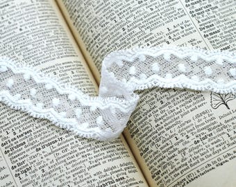 White Cotton Scalloped Flocked Polka Dot Net Mesh Lace Trim 1" , Doll Scrapbook Journal Slow Stitching Bow Making Supply