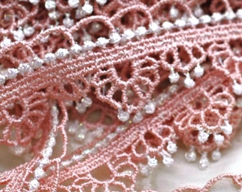 Coral Pink Sparkle Swag Lace Hallow Trim 1", Lace Ephemera, Doll Lace, Scrapbooking Journal Lace Trim, Boho Gypsy Shabby Chic Lace Trim