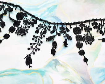 Black Floral Lace Water Soluble Tassel Fringe Embroidery Hollow Lace Trim, Junk Journal, Slow Stitch, Snippet Cluster Scrapbooking Ephemera