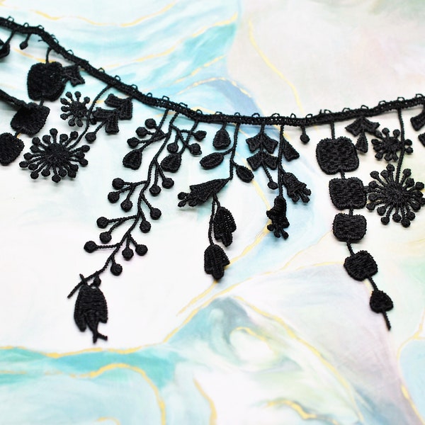 Black Floral Lace Water Soluble Tassel Fringe Embroidery Hollow Lace Trim, Junk Journal, Slow Stitch, Snippet Cluster Scrapbooking Ephemera