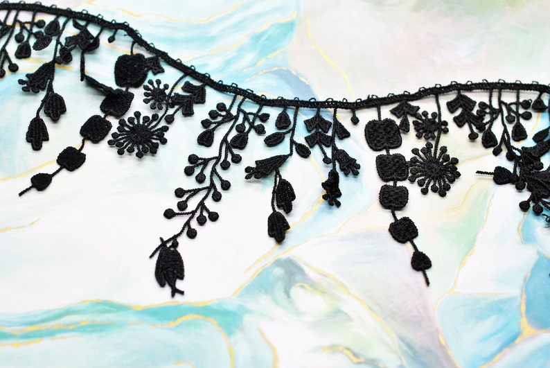 Black Floral Lace Water Soluble Tassel Fringe Embroidery Hollow Lace Trim, Junk Journal, Slow Stitch, Snippet Cluster Scrapbooking Ephemera image 1