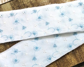 Blue White Embroidered Cotton Floral Eyelet Fabric Strips 2"