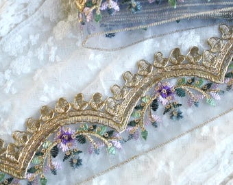 Sequin Boho Ethnic Style Iridescent Gold Purple Green Floral Embroidered Scalloped Lace Trim 2"