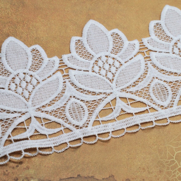 White Floral Tulip Embroidered Flower Lace Trim 4.5", Scrapbooking Junk Journal Supply