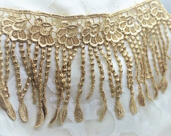 Gold Floral Embroidered Hollow Lace Tassel Fringe Trim (4"), Dangle Floral Gold Trim, Tag Cluster, Scrapbooking, Art Journal