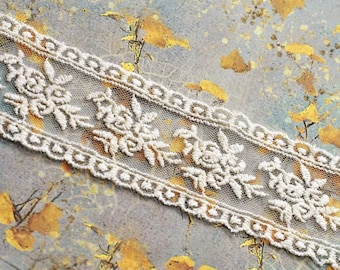 Cream Floral Cotton Embroidered Scallop Net Lace Trim 1 3/8", Junk Journal Scrapbooking Lace Trim, Shabby Chic, Doll Lace