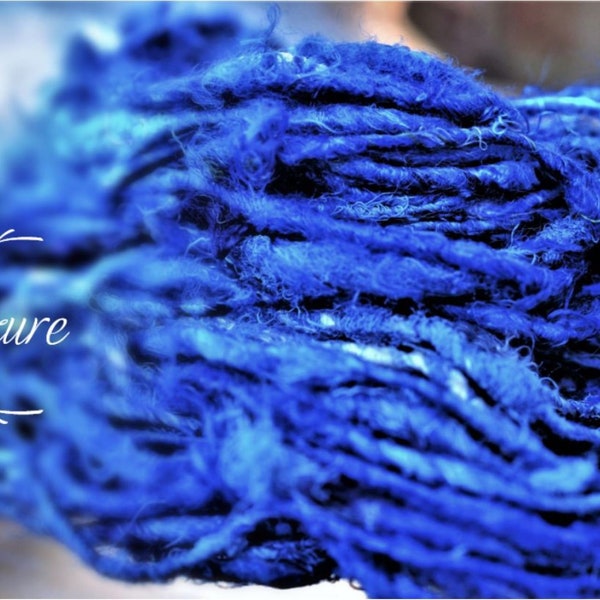 Bulky Recycled Sari Silk Yarn, Hand Spun, Jewel Colorway, Azure Blue, Fun Yarn, 5 Yards