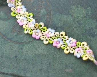 3D Spring Pastel Pink Green Yellow Blue Floral Variegated Ombre Embroidered Floral Lace Trim, Doll Trim, Scrapbooking Junk Journal